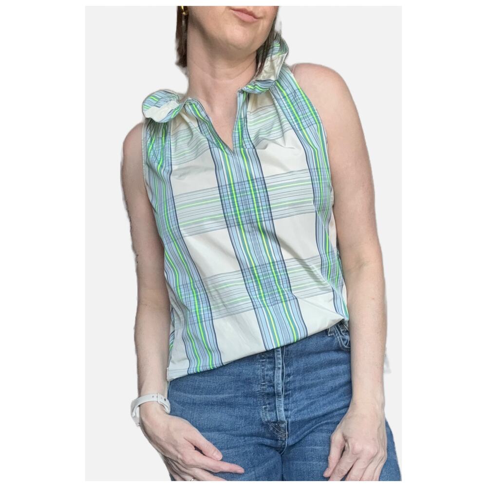 Akris Punto Structured Crinkle Fabric Plaid Sleeveless Ruffle Collar Blouse 6